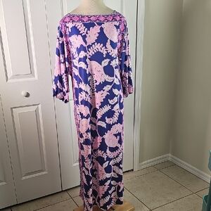 Lilly Pulitzer Silva Caftan Tunic What The Shell Pink Blue Floral Maxi Dress Sz8